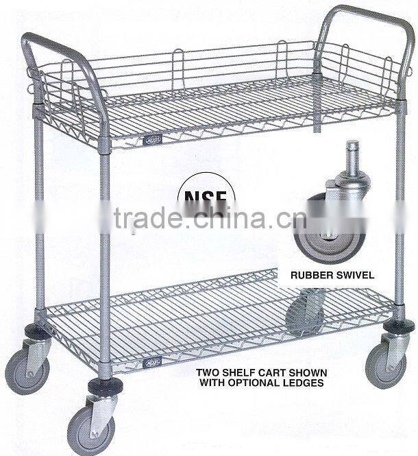 Utility Cart 2-Shelf Wire Shelf w/Rubber Wheel Casters in Chrome