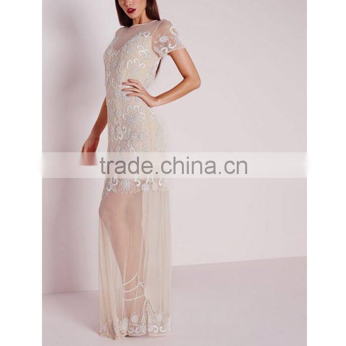 premium embellished cap sleeve mesh maxi dress nude