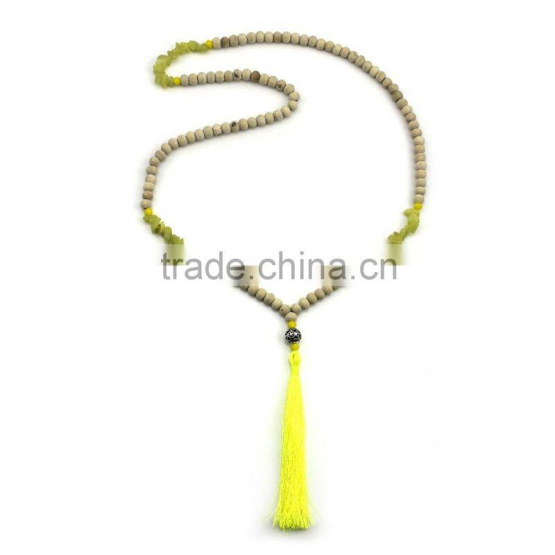 Original Natural Turquoise Wood Beads Elastic String Volcanic Rock Long Tassel Necklace