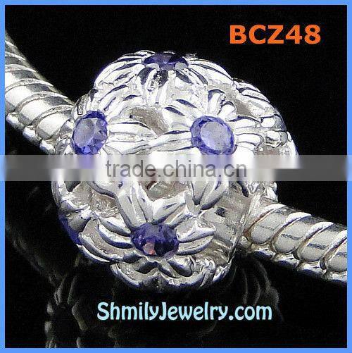 Wholesale 925 Silver Purple CZ Crystal European Flower Beads BCZ48