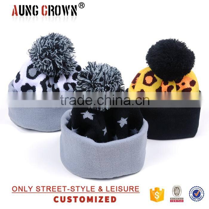 custom knitted cuff embroidery beanie hat/pom pom jacquard knitted hat