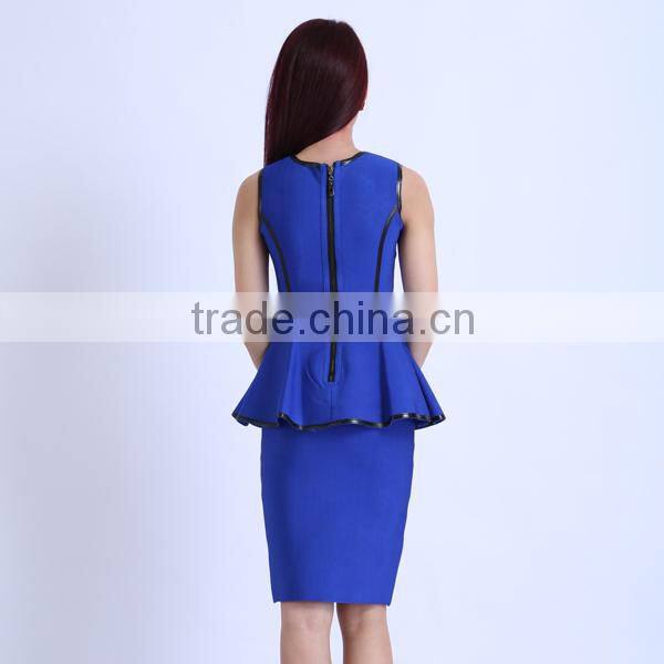 Elegant one piece blue ruffle office bandage dress for ladies