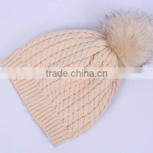 Newest Arrival Winter Warm Crocheted Wool Hat with Fox Fur Pom poms For Fashion Gilrs