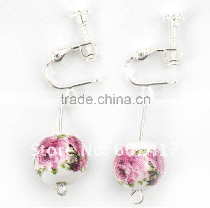 blue flower printed Qinghua porcelain ball shaped drop earings with clips