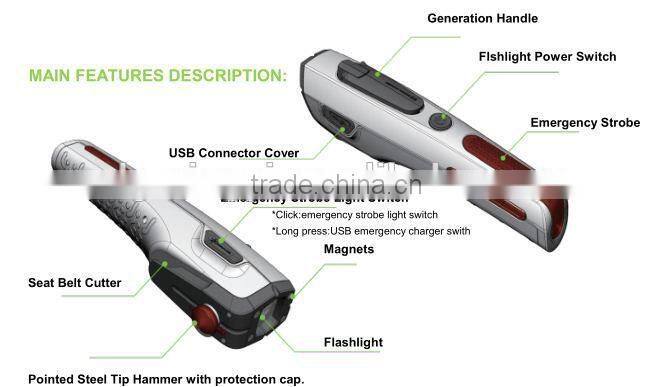top quality German auto accessory with glass breaker, seat belt cutter, cellphone charger, power generator