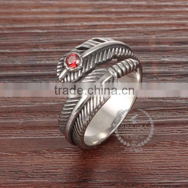 13MM Stainless steel vintage antiqued silver feather ring adjustable ring steam punk jewelry 6240014