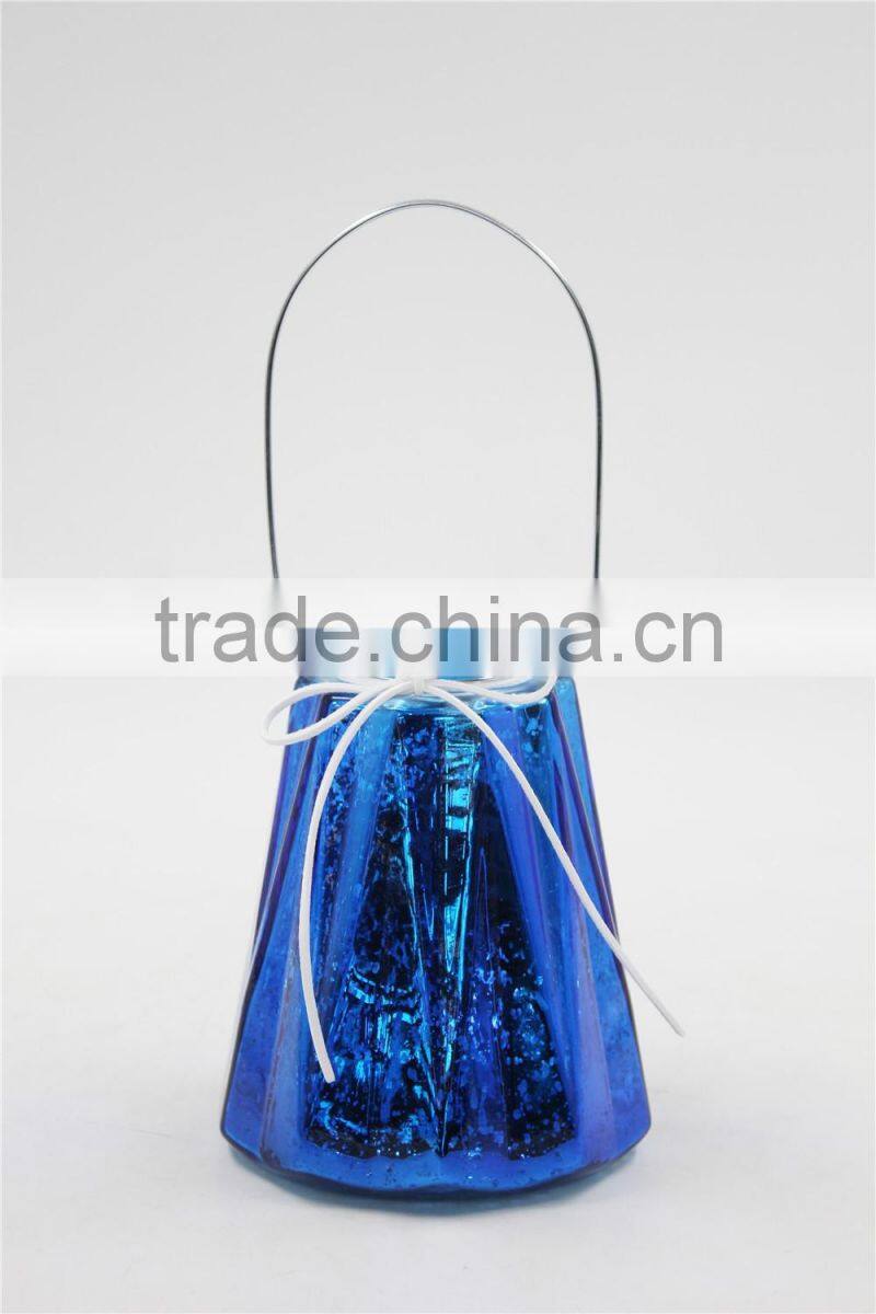 christmas blue glass candle holder with tealight holder and handle