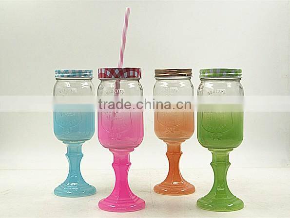 Colored Mason Jar Stitching base with metal Lid and Straws
