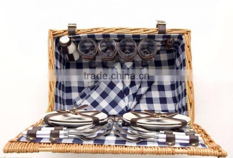 WILLOW PICNIC BASKET 4 PERSON OUTDOOR WICKER HAMPER SET PLATES CUTLERY
