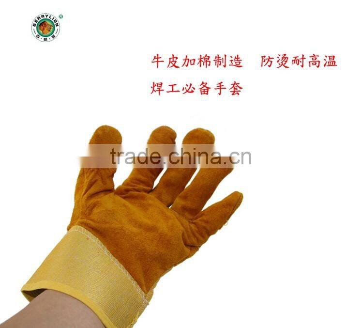 Gold color cow split welding short gloves for sale
