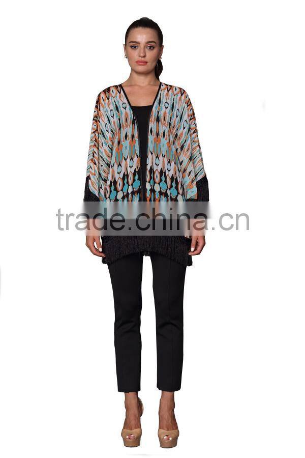 2015 New Satin Gowns Tassel Design Print Kimono Cardigan