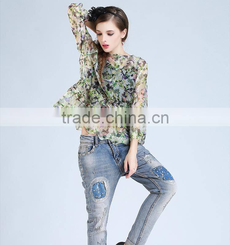 2015 HOYUGO summer organza printed sexy blouses