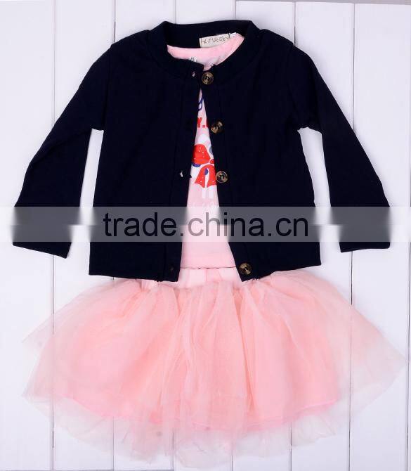 3PCS children Kids Lovely Cute Outfit Set long sleeve Cardigan + T-Shirt + tulle Skirt 20147