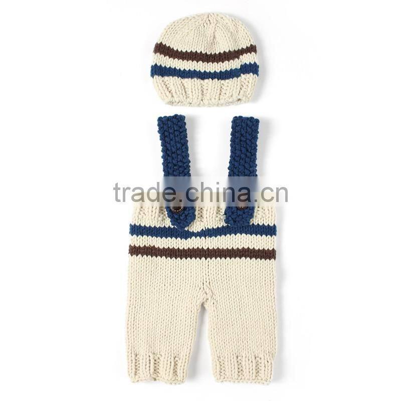 2pcs Set Baby Photography Prop Crochet Knit Boy Stripe Hat Pants Overalls