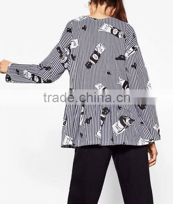 Runwaylover EY2374B Latest Designs Women Formal Blouse Blue Stripe Crane Print Animal Print Drop Shoulder 3/4 Sleeve Blouse