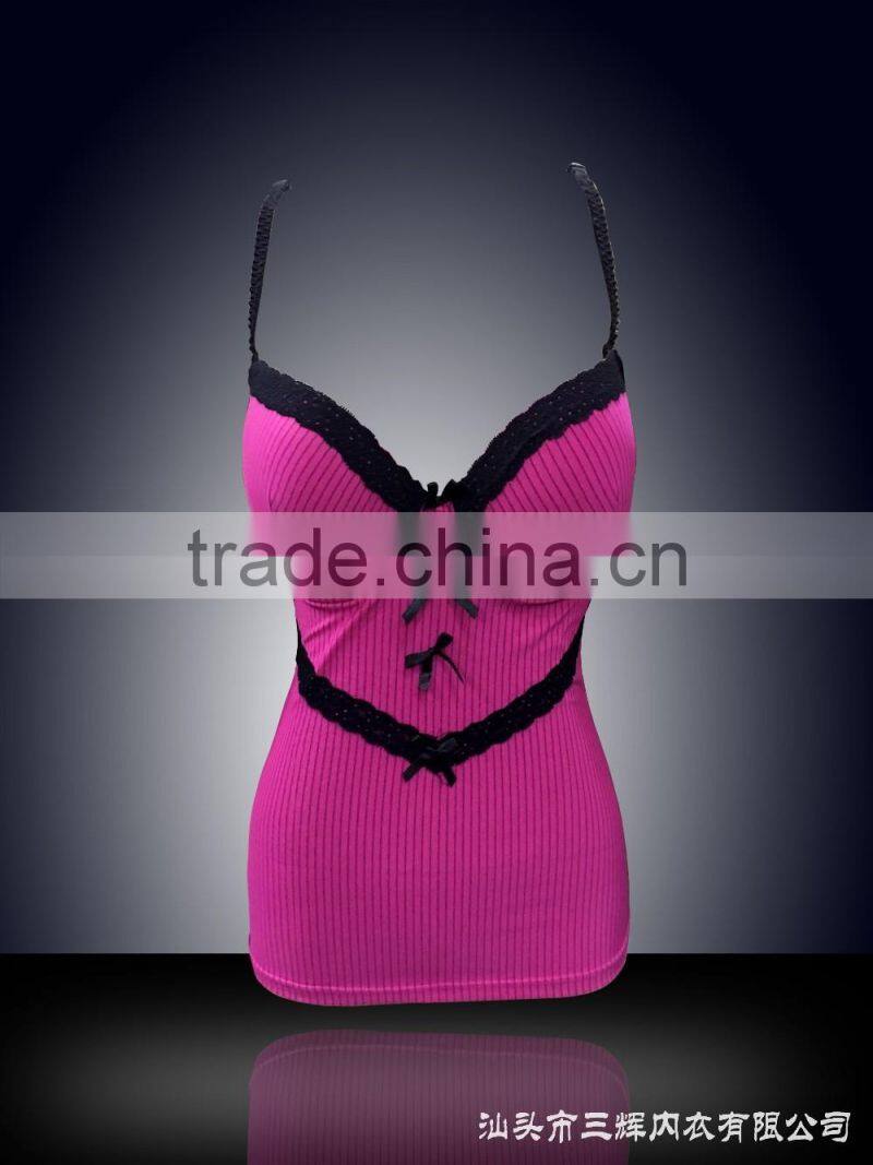 High quatily lovely pink rose ribbon sexy lingerie babydoll with sexy g-string