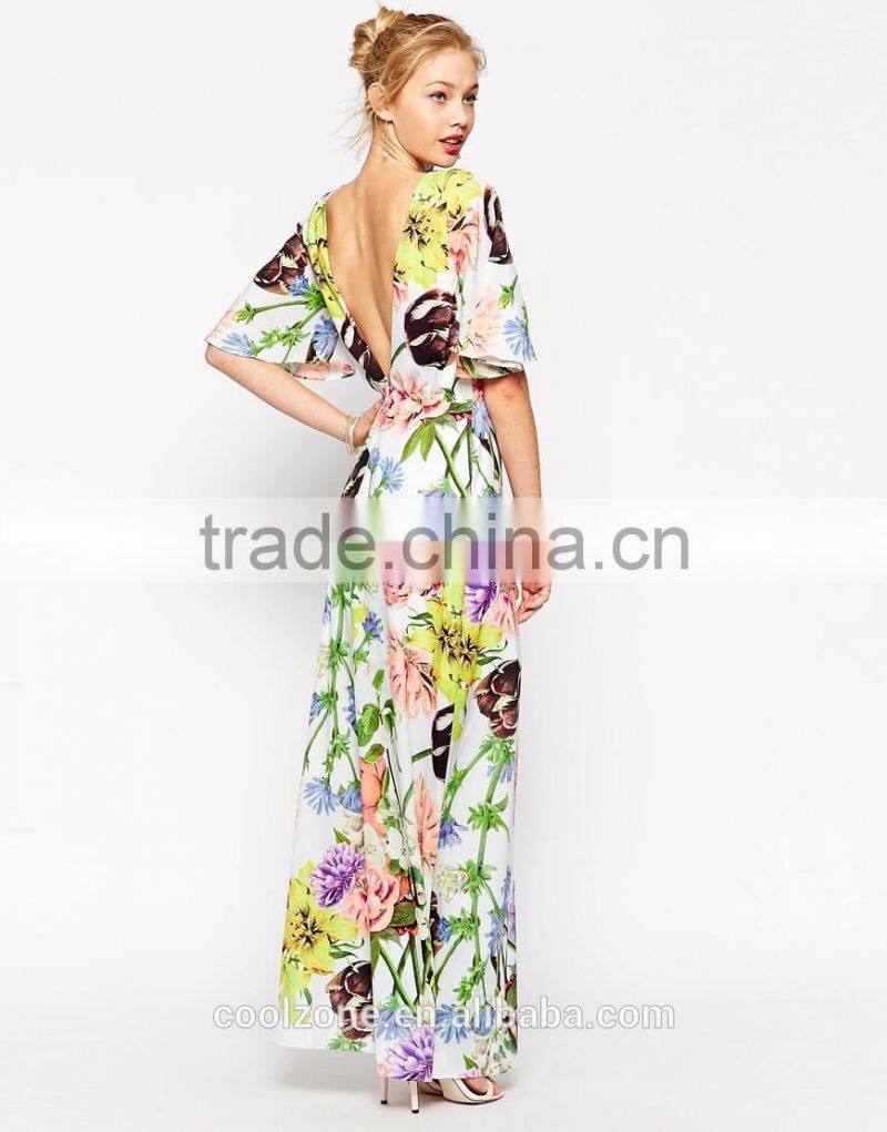 Backless half sleeve floral print maxi dress cheap evening dress
