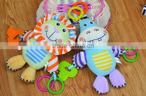 Cute animal small bell insert baby educational plush toys with ring and key