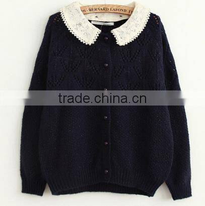 2014 hot sell wholesale high quality hollow cotton long sleeve cute collar cardigan