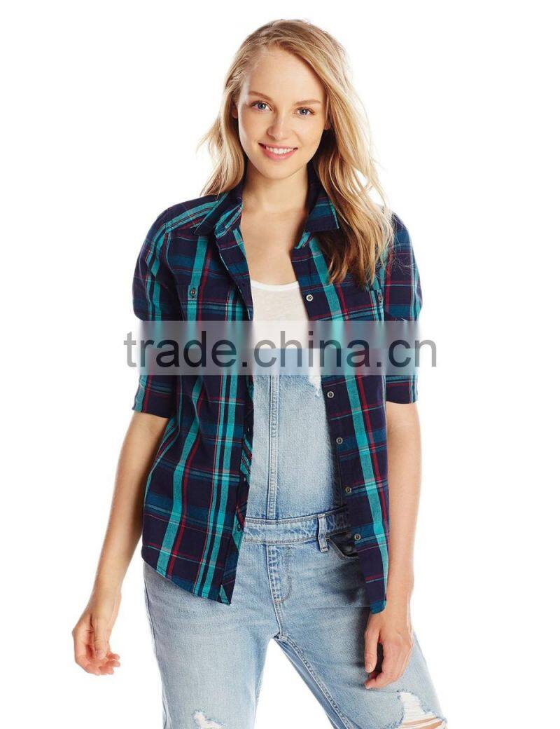 100% cotton long sleeve plaid check shirt/blouse