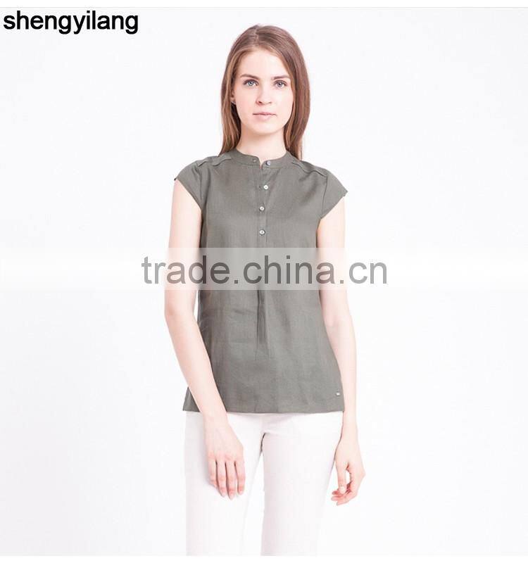 High quality blouse 100% linen shirts for women wholesale short-sleeved linen shirt in guangzhou