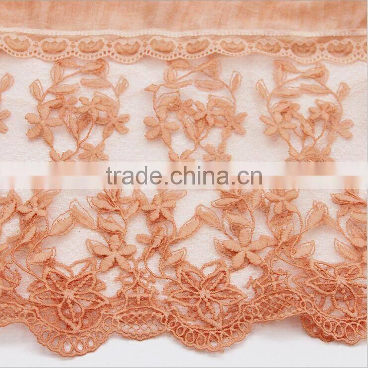 New fashion custom classic plain dyed linon viscose thin lace flower trim ribbon hijab scarf