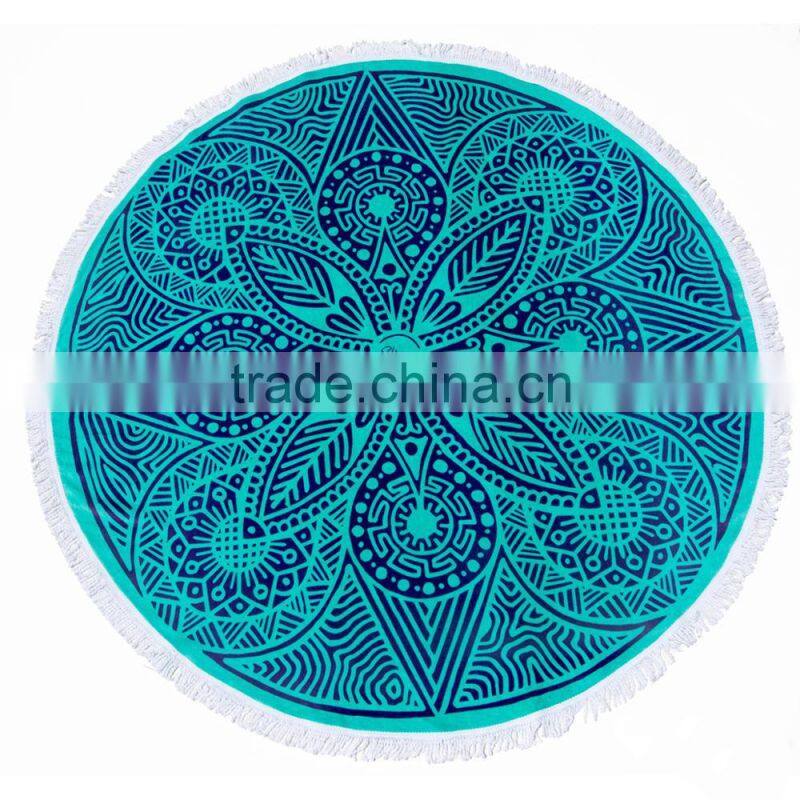 100% cotton deep color thick print design with tassel round beach towel retail price