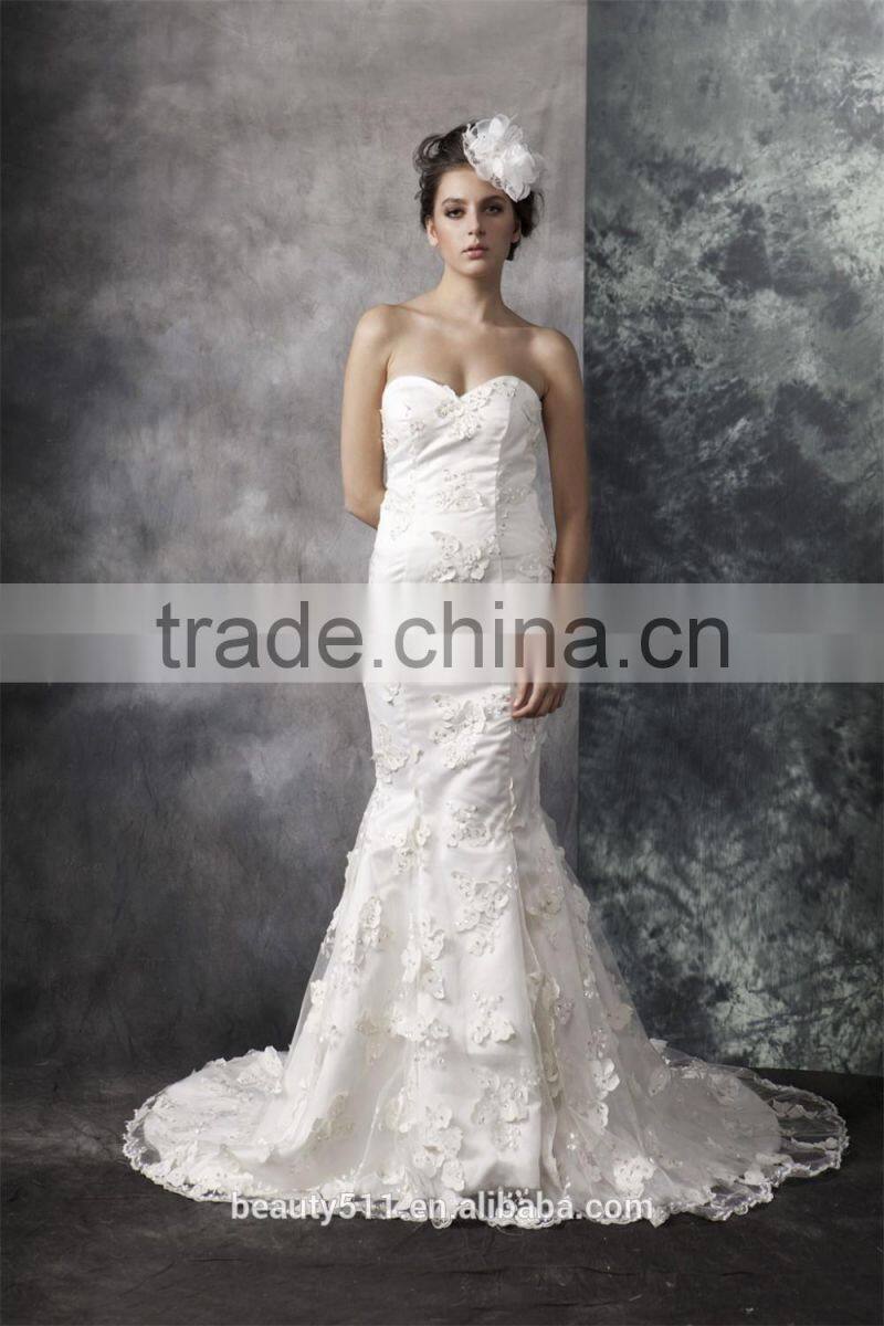 Mermaid Sweetheart Court Train wedding dress Elegant Lace and Satin bridal gown AS30202