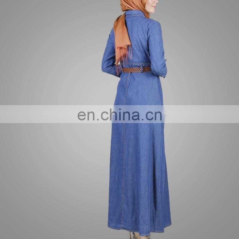 new style denim muslim caftan dress fancy blue islamic women cardigan