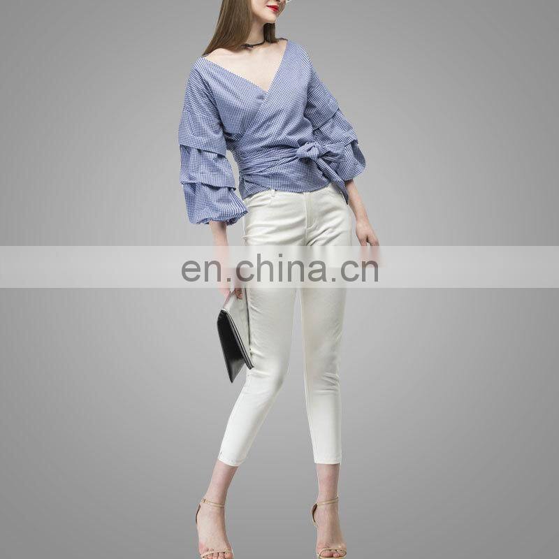 2017 Fashion Design Puff Sleeve Wrapped Top Deeper V Neck Ruched Sleeve Wrap Blouses In Blue