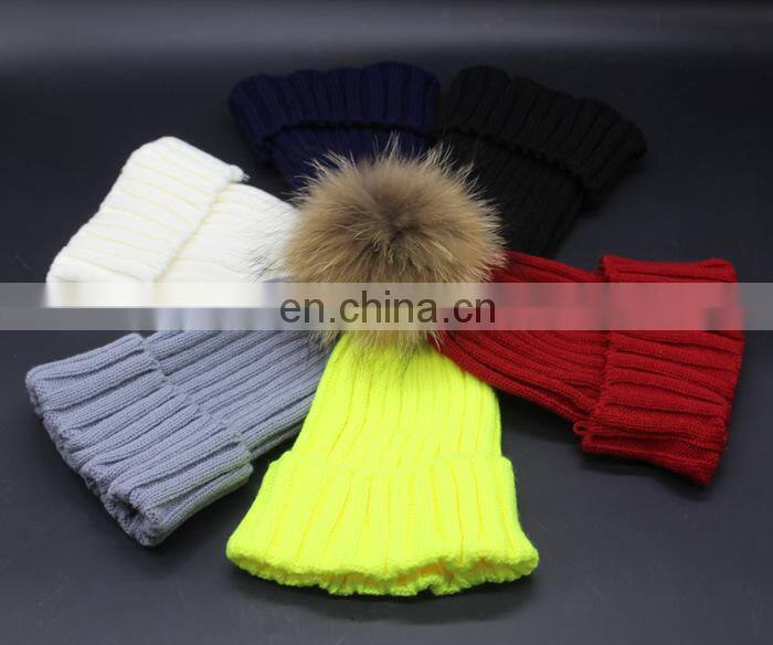 Hot Sell Cute Winter Hats Natural Raccoon Fur Pompom Beanie Cap with Ball Top Knitted Crochet Kid Hat