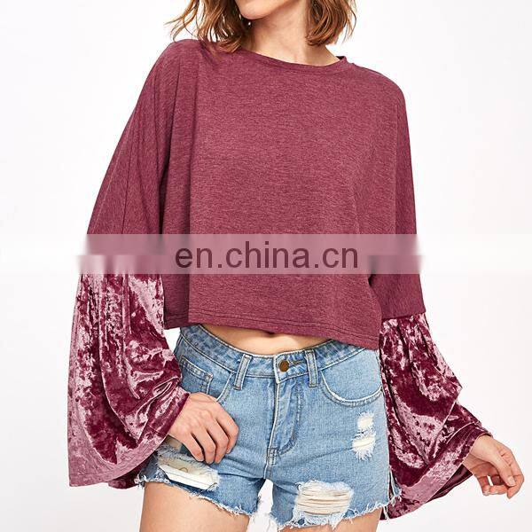 Wholesale crewneck sweatshirt plain sweatshirt custom velvet bell sleeve mixed top