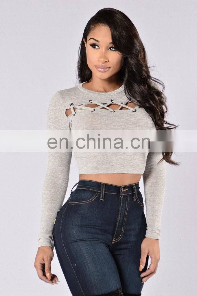 2017 hot selling sexy hollow out bind t shirt tight short t shirt long slevee t shirt for women