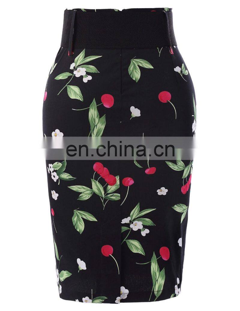 Kate Kasin Women's Shirred Detail Flower Pattern Cotton Pencil Skirt with Wide Belt KK000610-1