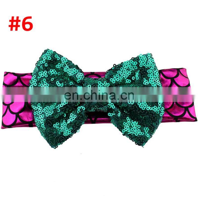 5Inches Girl Mermaid Sequins Headband Baby Glitter Hairbow Dance Party headwear 10Colors