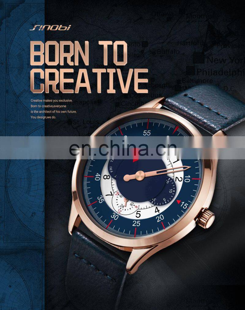 SINOBI Blue Leather Band Wrist Watches S9815G Chronograph Hand Watches Man Hollow Out Pointer Male Watch Montre Homme