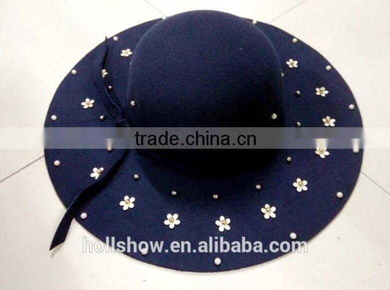 Fashion Women Flower Pearl Beaded Large Brim Trilby Fedora Hats with Ribbon