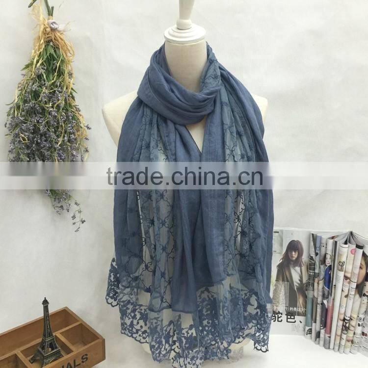 Latest Beautiful Charm Lace Pattern Plain Cotton Muslim Embroidery Scarf