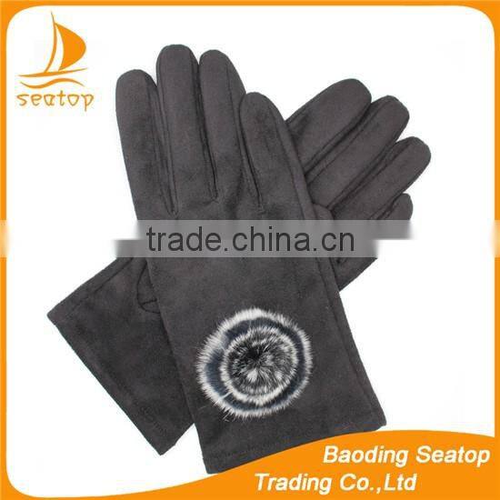 Women classic black faux suede gloves with rabbit fur ball