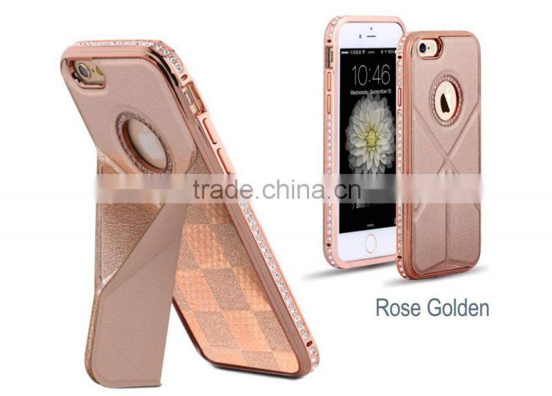 Luxury Plaid Pattern Cowhide Leather Back Cover with Kickstand Diamond Chrome Edged Bumper Hard Case for Iphone6 6plus