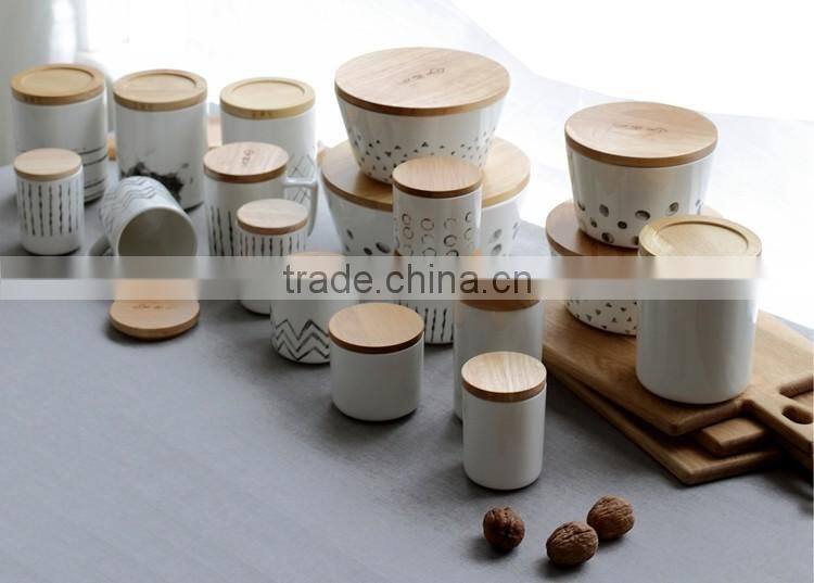 household ceramic cannister with wooden lid
