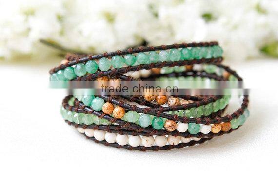 Gold plated Stripe Leather Bracelet with colorful beads