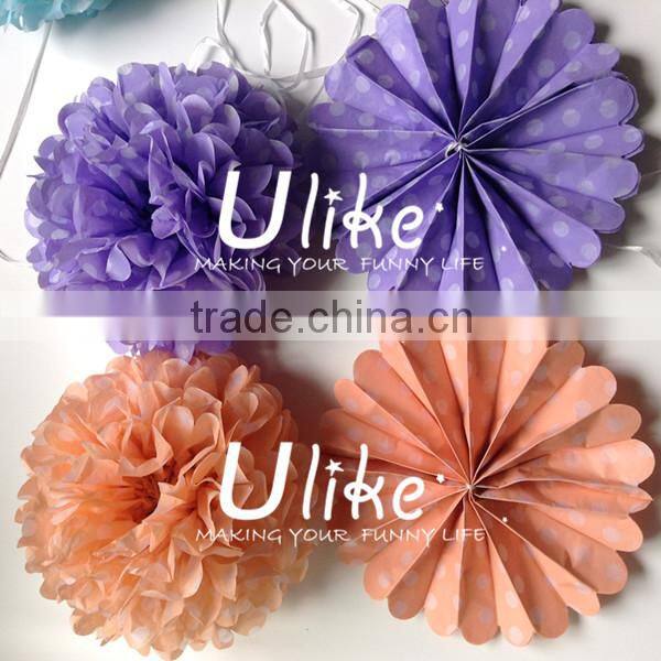 new design polka dot paper fan double used paper pinwheels fan and pom poms flowers wedding table decoration