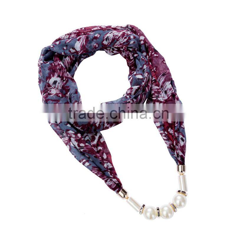 Gorgeous print Scarf necklace decorated with pearl beads necklace chain
