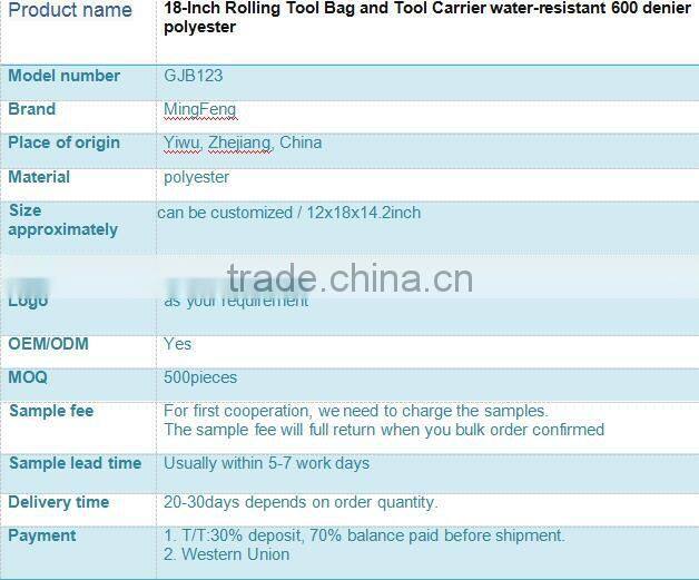 18-Inch Rolling Tool Bag and Tool Carrier water-resistant 600 denier polyester