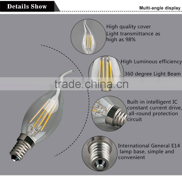 2015 new style Antique LED filament C35 full glass flame lamp l4W E12 110V dimmable