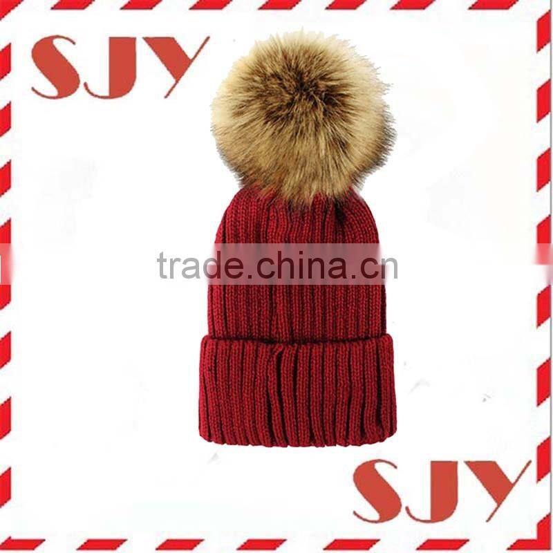 Real Large Raccoon Fur Ball Pom Pom Beanie Winter Hats