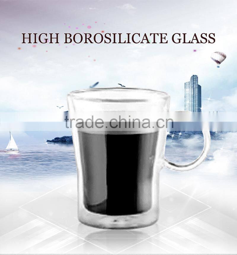 wholesale 180ml double wall glass cup with handle handmade heat resistant glassware N6061