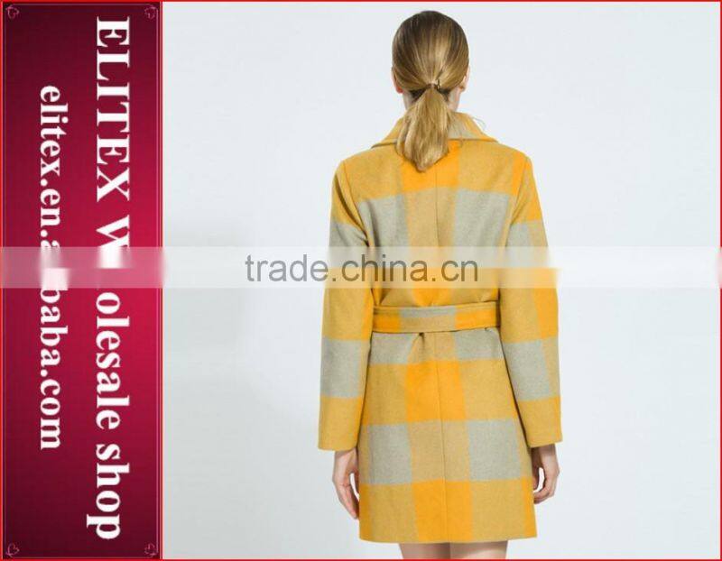 2015 HOT Newest Yellow Plaid Wool woman sexy winter overcoat with belt