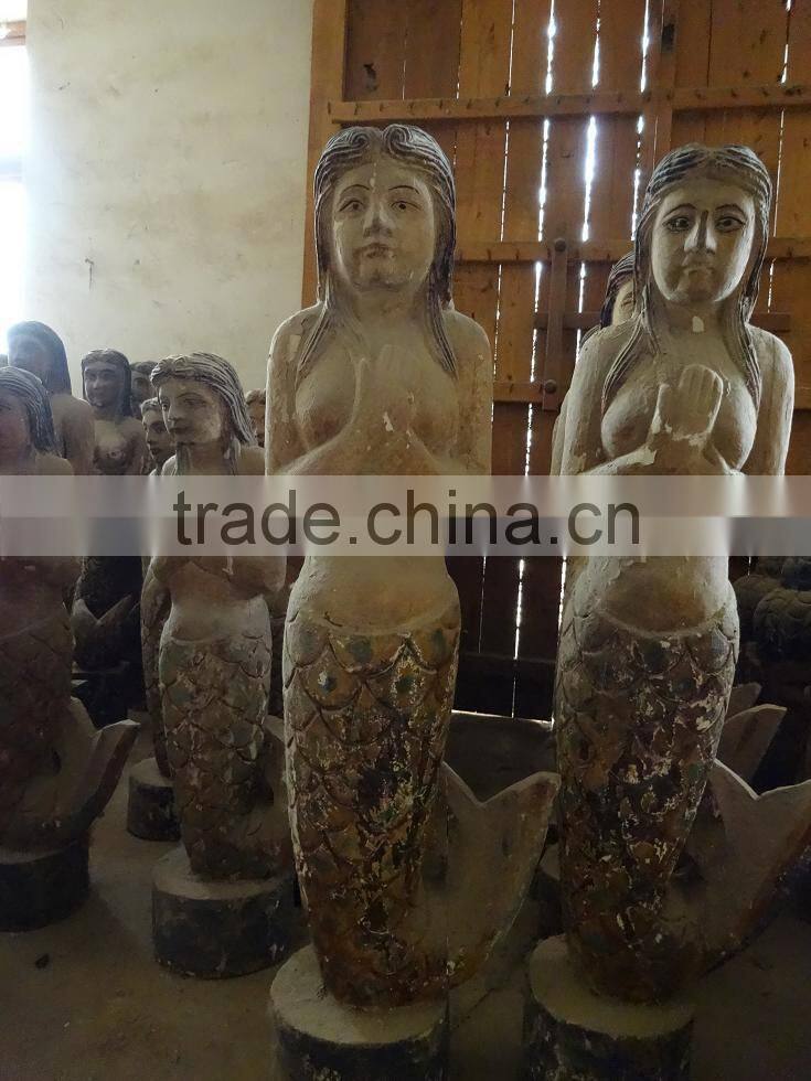 hot sell made wooden carving double mermaid,Antique wooden statues,Religious sculptures